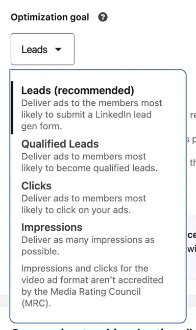 linkedin campaign objectives - landing page clicks