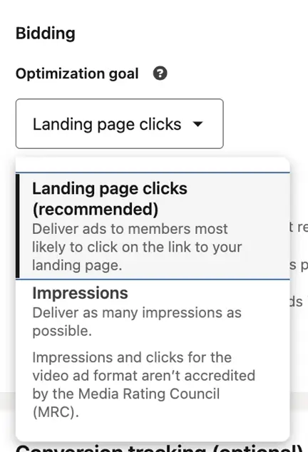 linkedin campaign objectives - landing page clicks