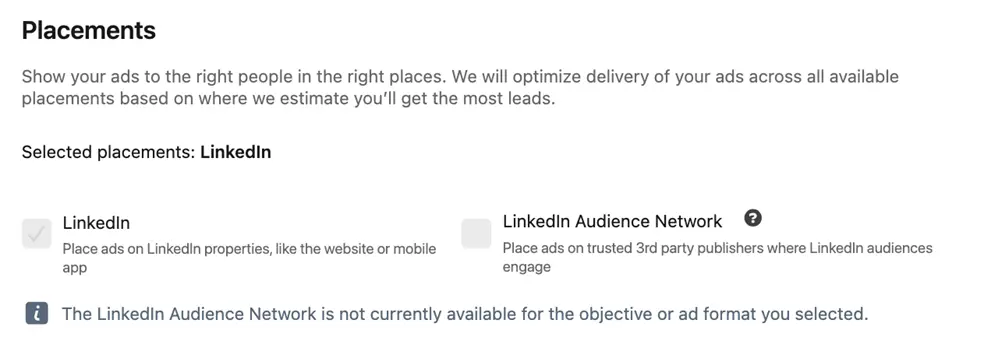 linkedin campaign objectives - placements for lead gen campaigns