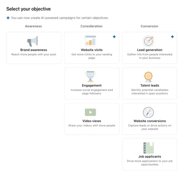 linkedin campaign objectives - all options