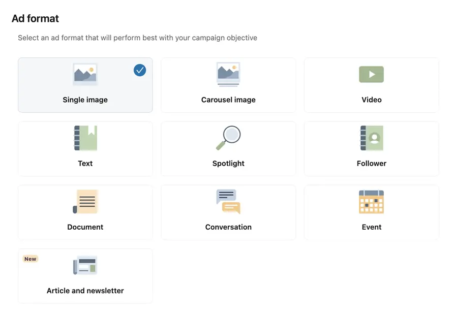 linkedin campaign objectives - website visits ad format options