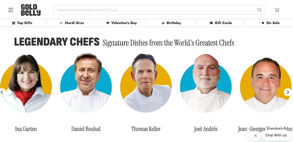ai brand authority example - goldbelly chef headshots leading to chef bios