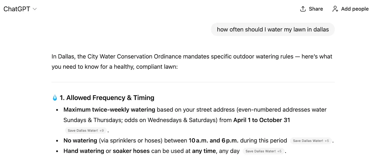 chatgpt response about lawn watering in dallas