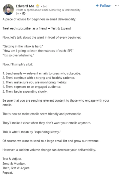 Email deliverability checklist - LinkedIn post