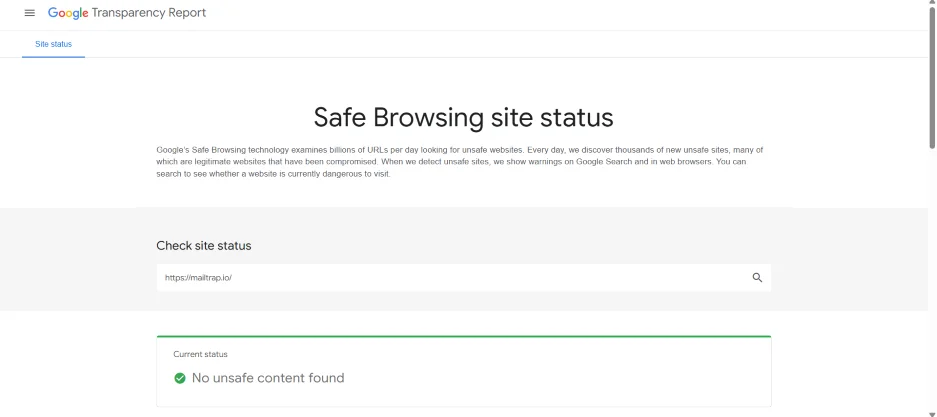 Email deliverability checklist - Safe browsing report.