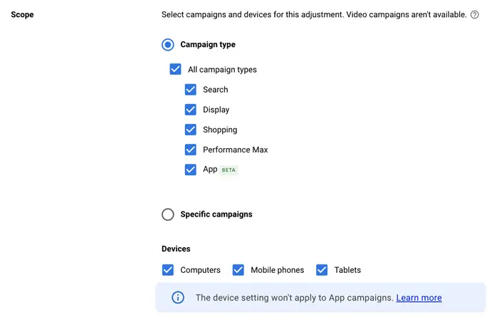 seasonality adjustments google ads - campaign scope