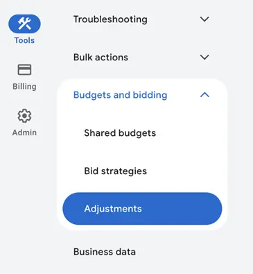 seasonality adjustments google ads - platform menu