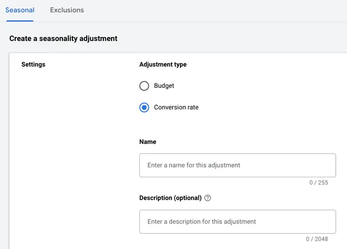 seasonality adjustments google ads - settings