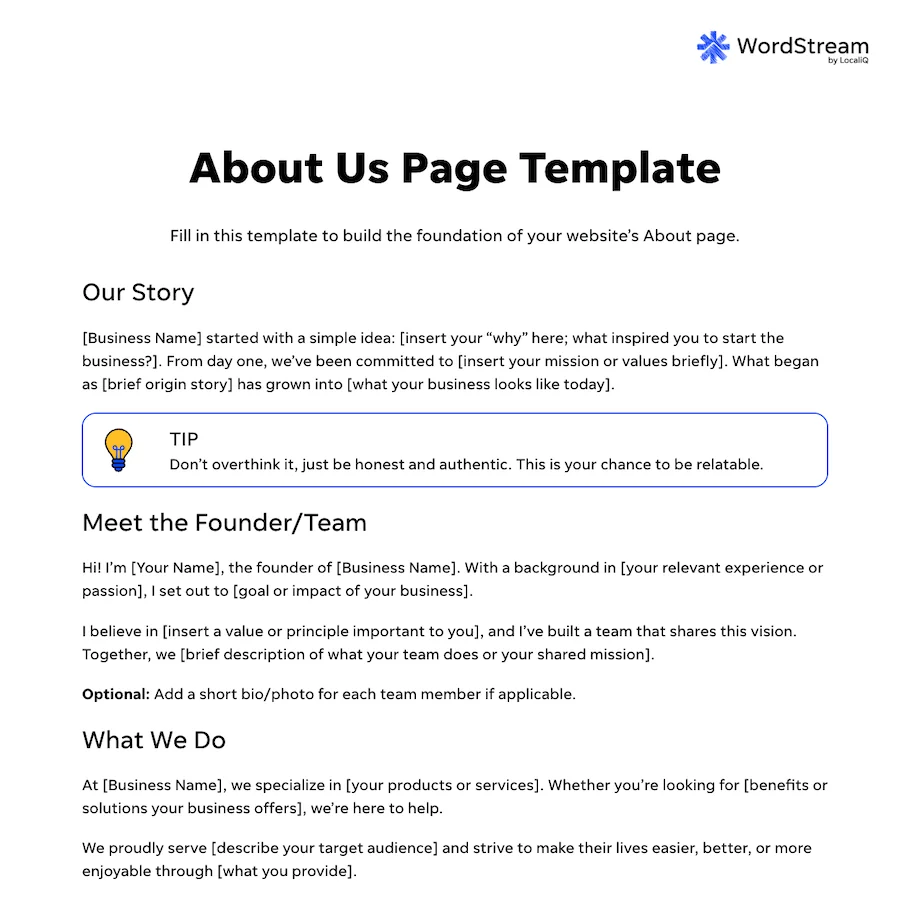 Screenshot about page template from Wordstream