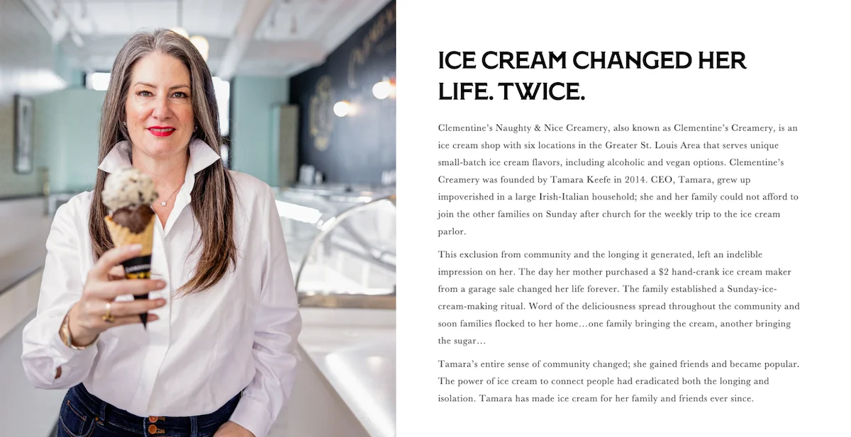 Example of an About Us page from Clementine's Creamery