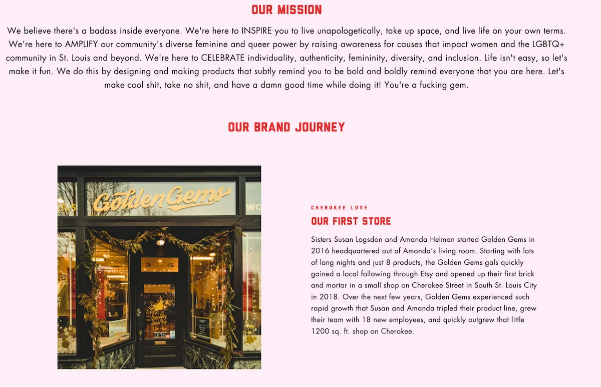 Example of an About Us page from Golden Gems