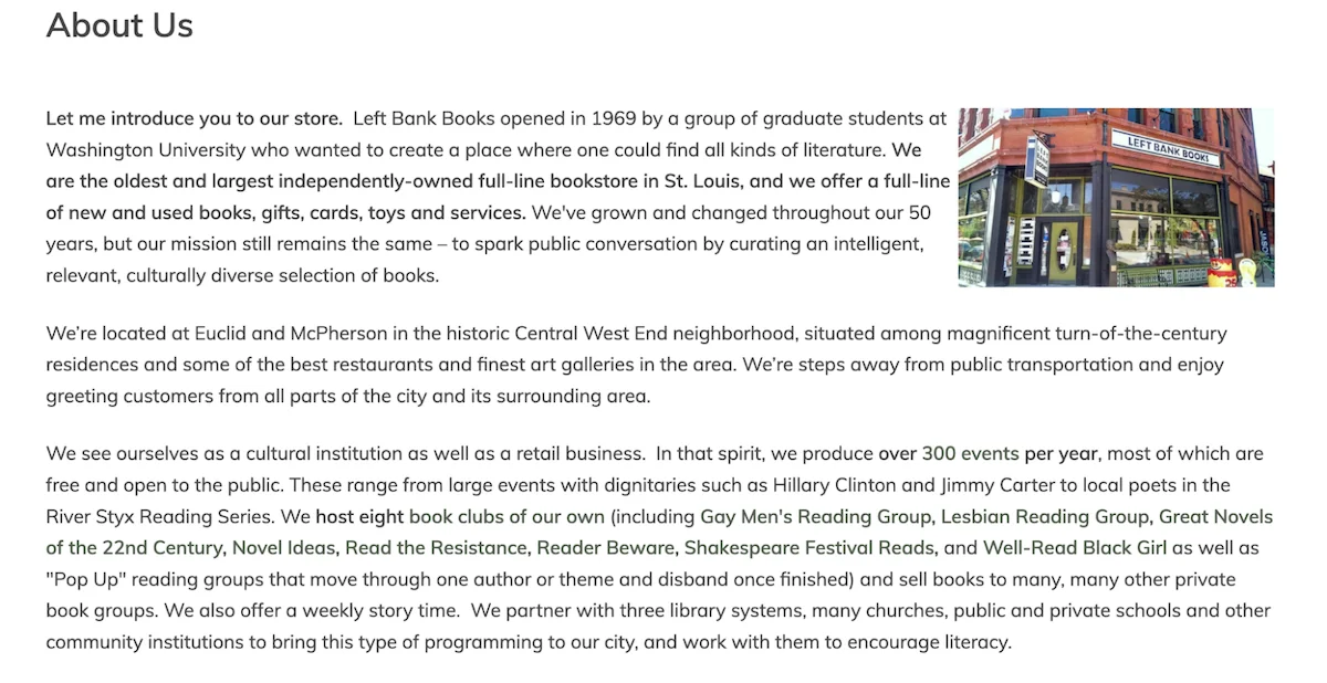 Example of an About Us page from Left Bank Books 