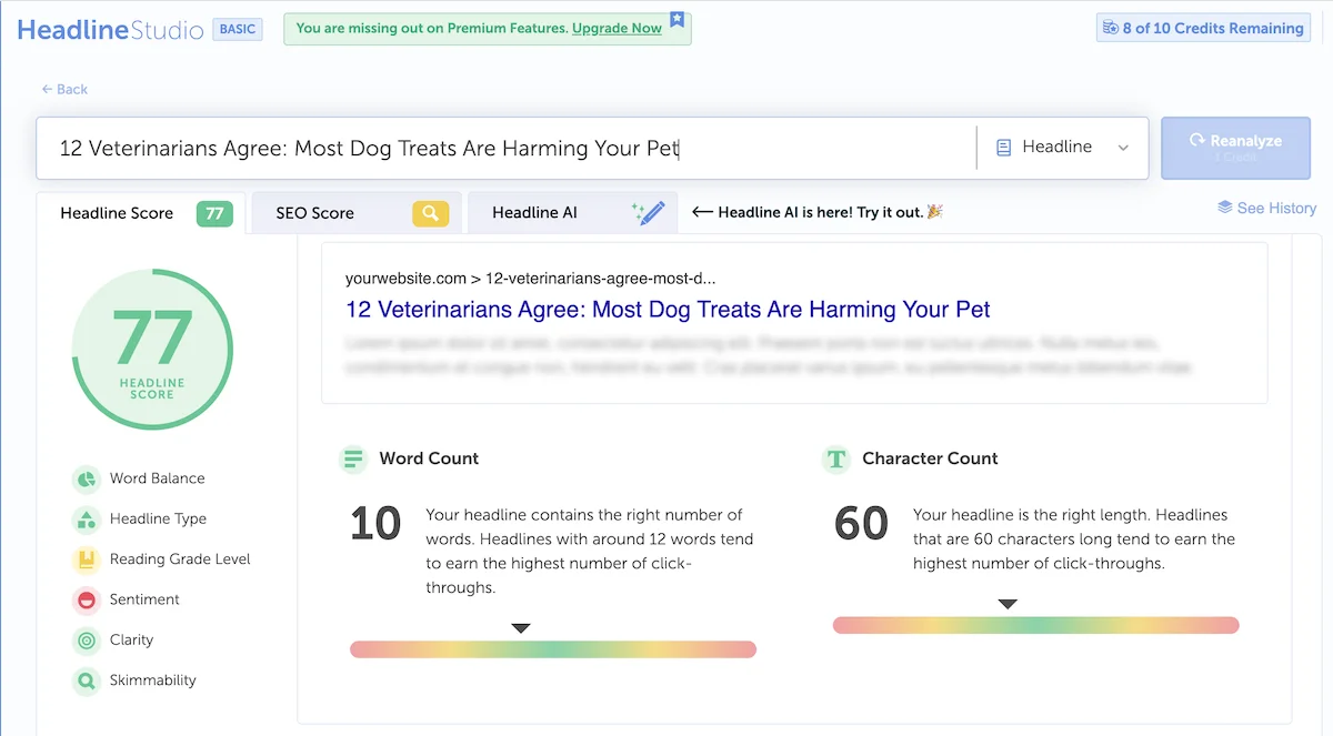 example output of coschedule headline analyzer tool