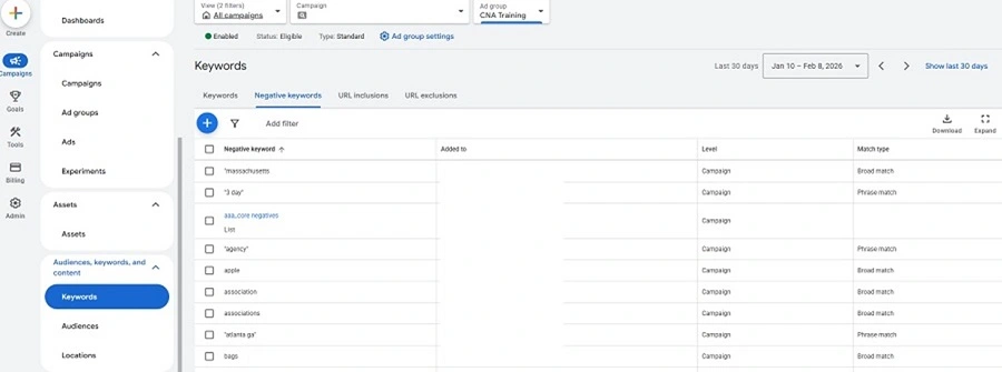google ads account negative keywords