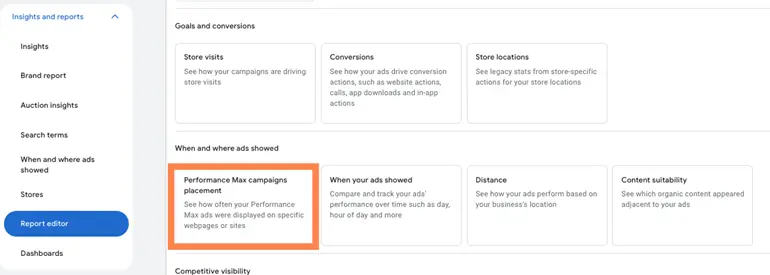 google ads performance max - reports editor screenshot