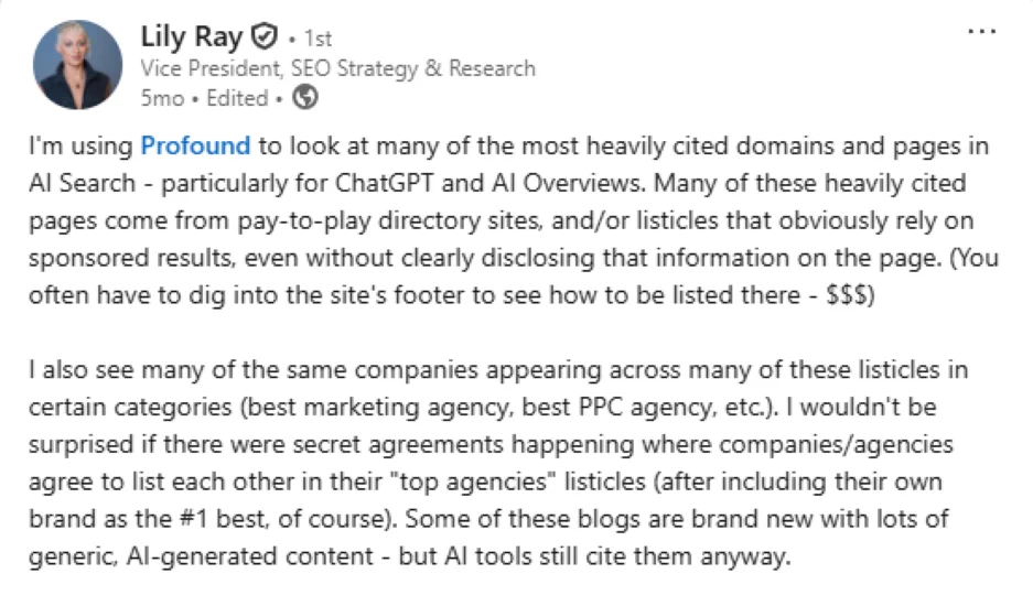 Google is rewarding low-quality sites - Lily Ray post.