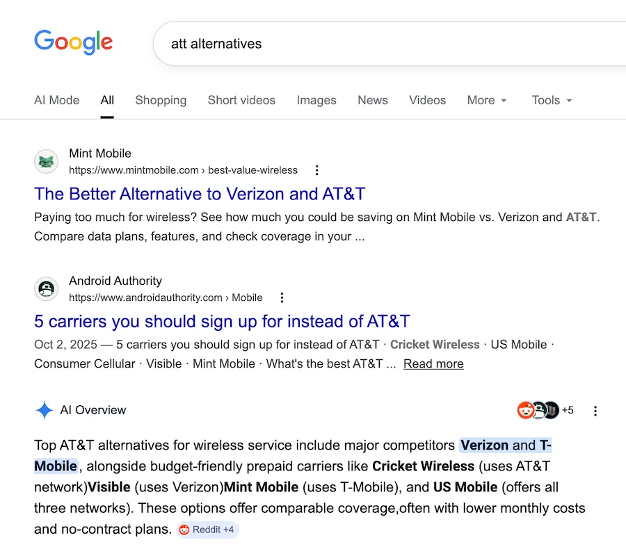 example of search results for att alternatives query