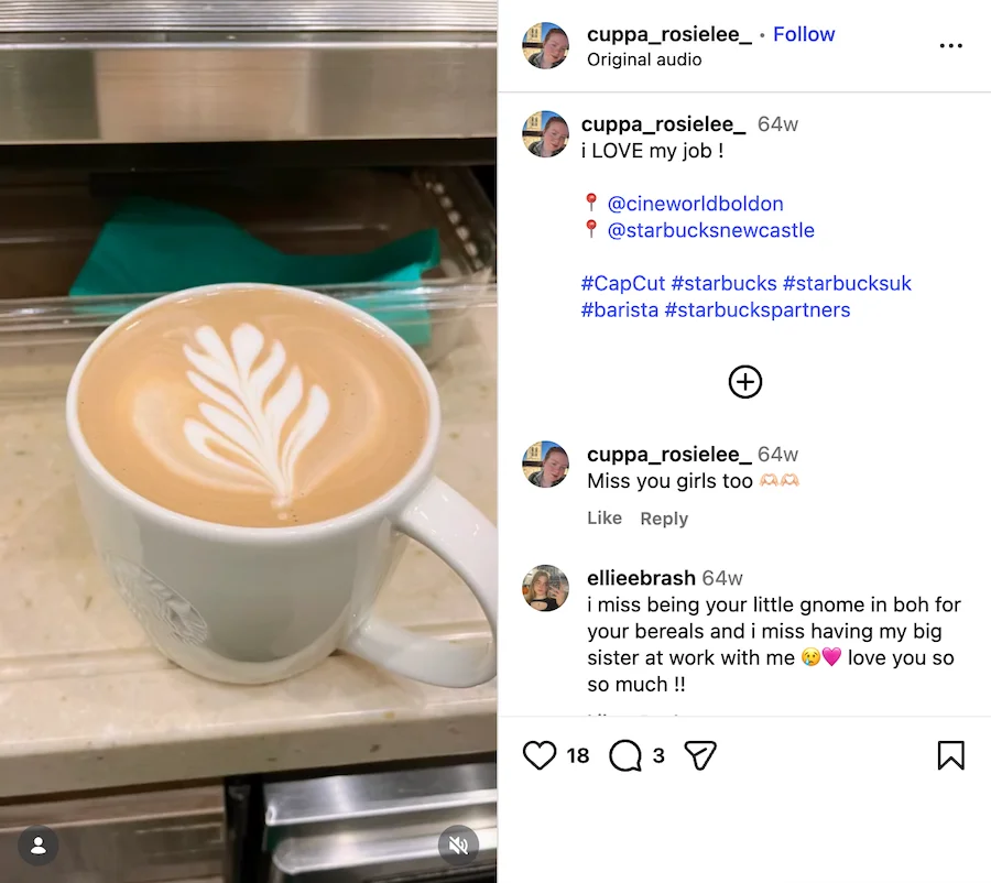 employee generated content example - starbucks employee sharing on instagram
