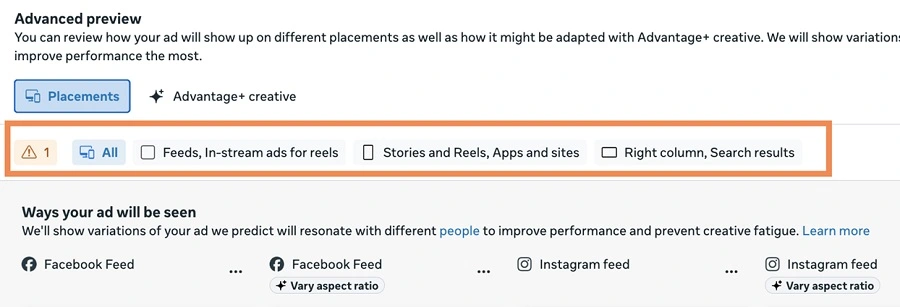 facebook video ads - preview by placement
