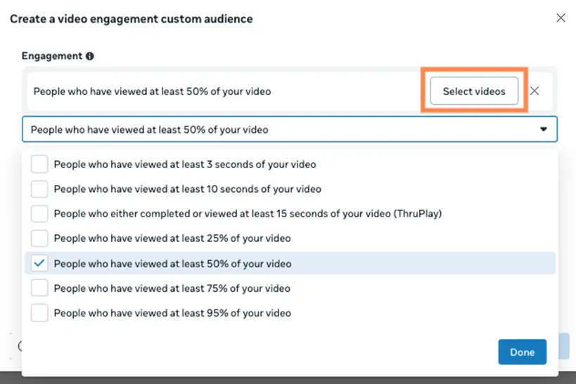 facebook video ads - audience menu drop-down