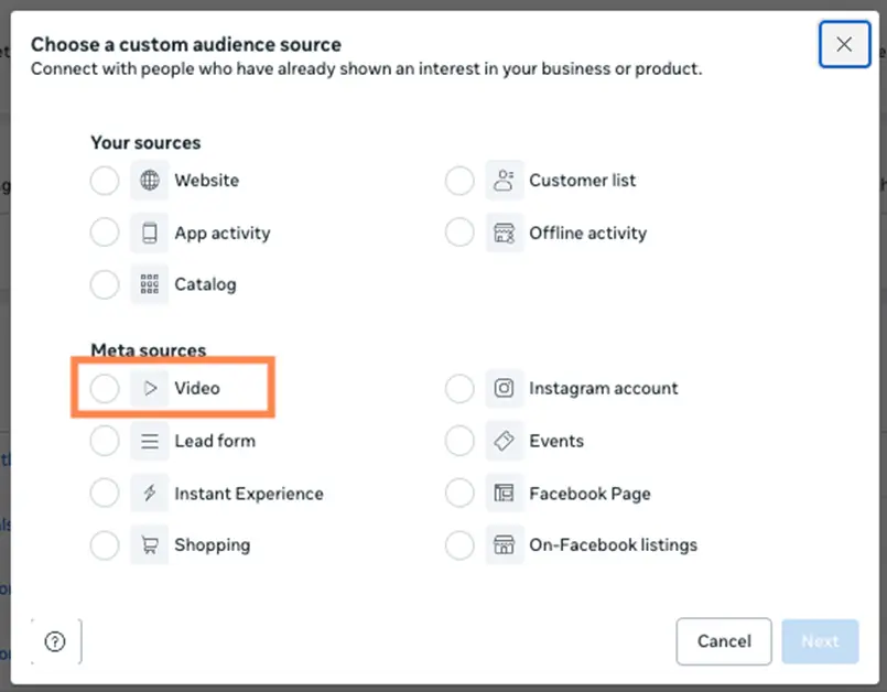 facebook video ads - audience sources 
