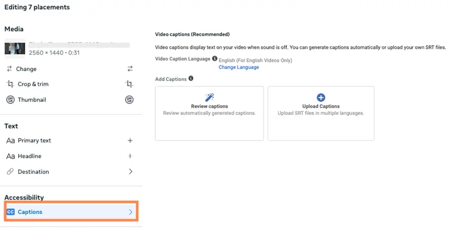 facebook video ads - caption editing