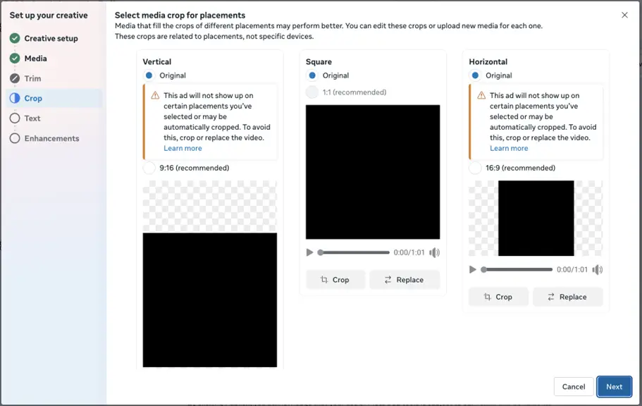 facebook video ad - cropping options for video