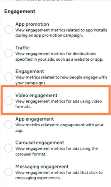 facebook video ads - engagement column