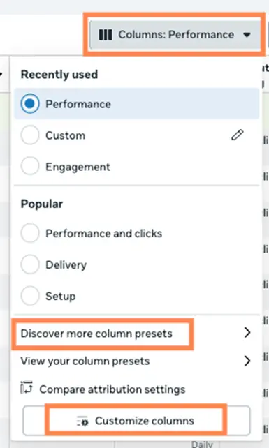 facebook video ads - column presets