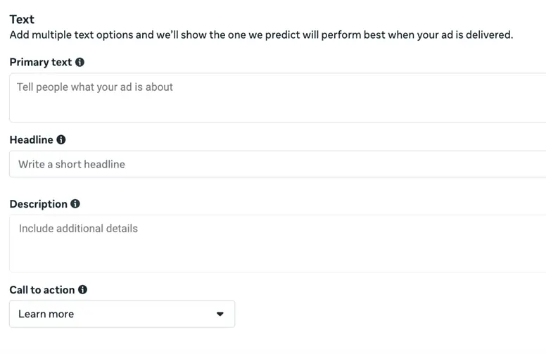 facebook video ad - text inputs screenshot