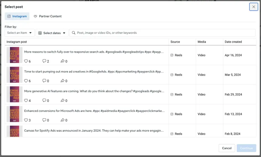 facebook video ads - post selection