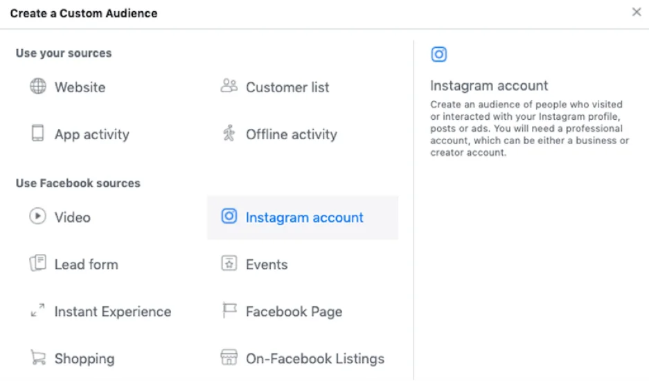Instagram ads cost - custom audience page on meta ads manager.