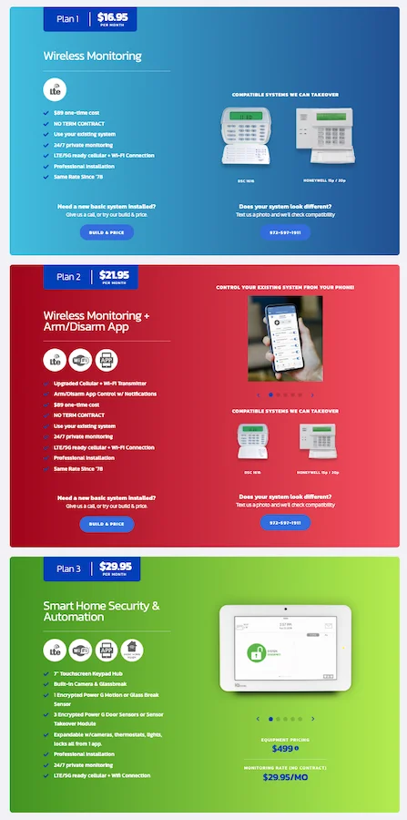 pricing page example from home security company