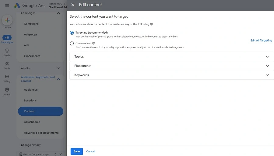 google ads sensitive categories - content targeting