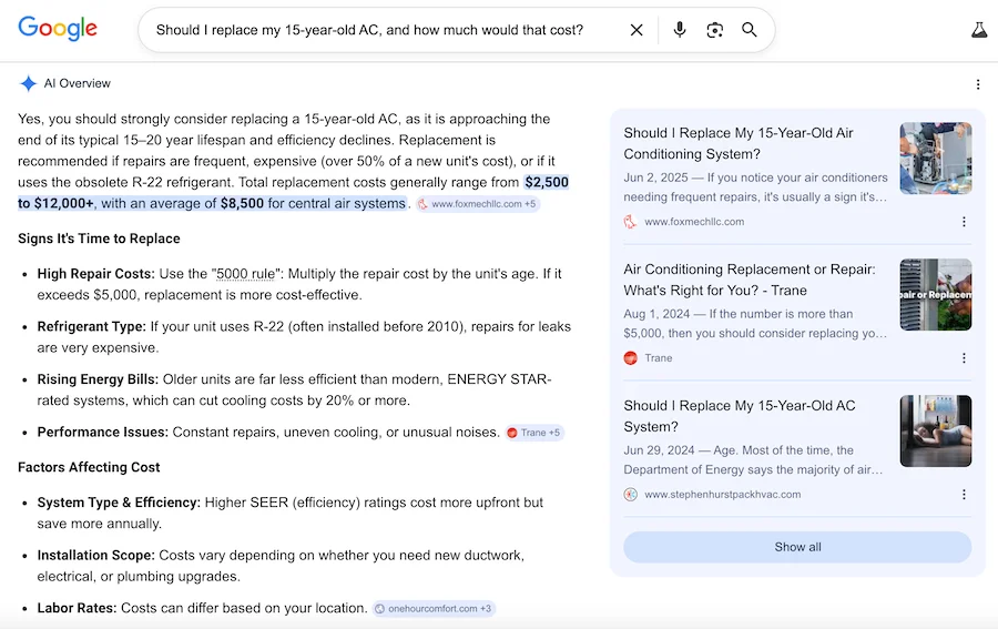 ac replacement query ai overview result