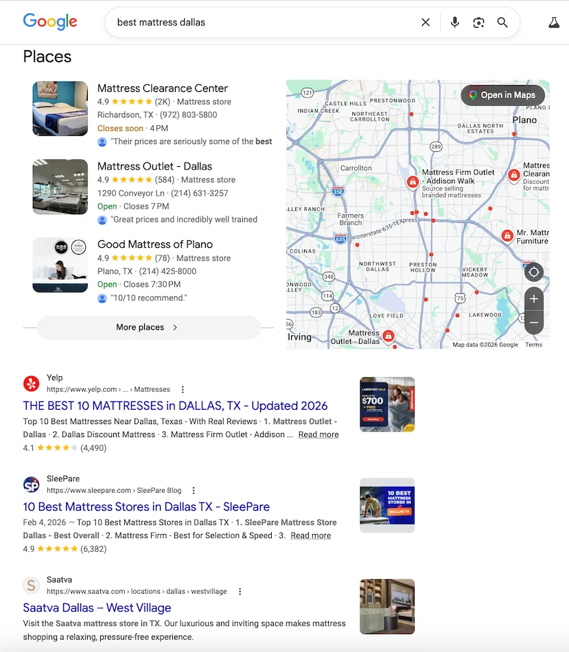 best mattress dallas search result on google with no ai overview
