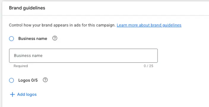brand guidelines in google ads - screenshot of name and logo options