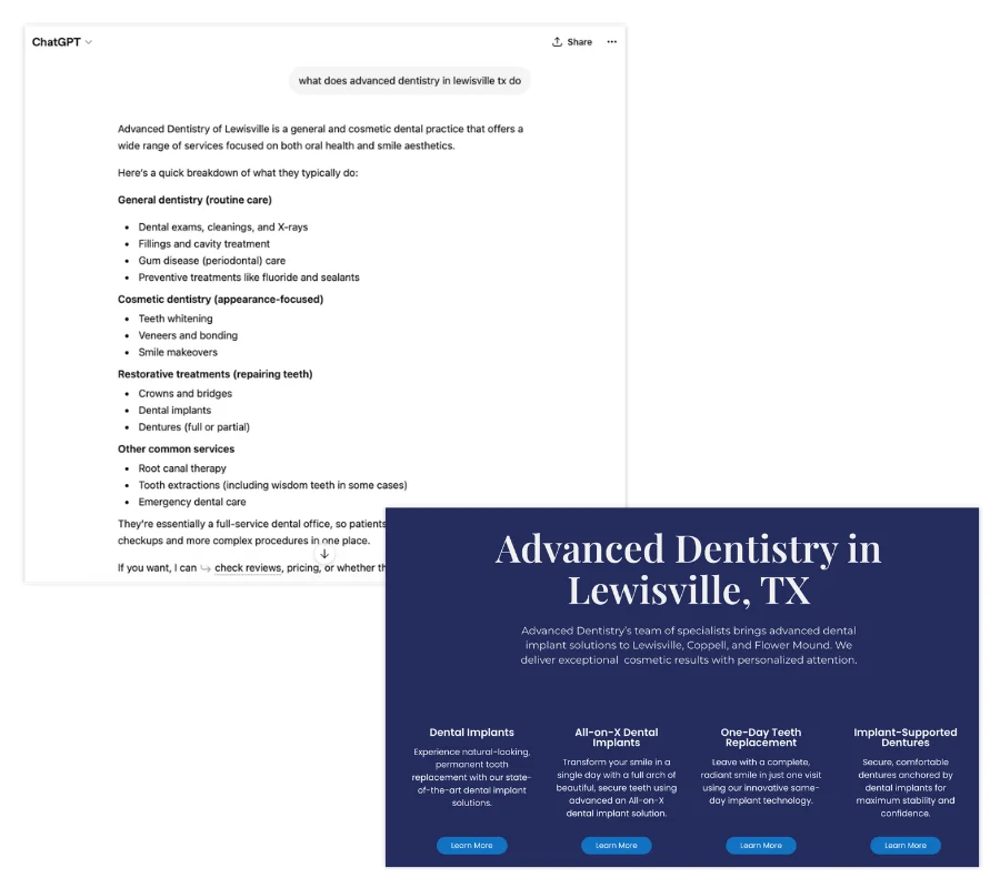 dentist services in chatgpt vs on website
