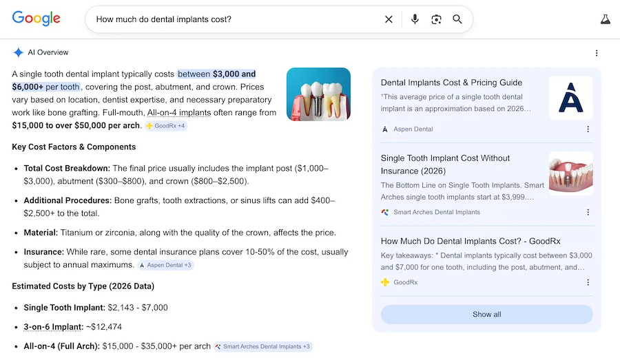 ai overview result for how much do dental implants cost query