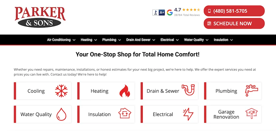 parker and sons homepage with services broken out