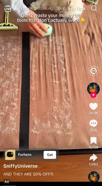 TikTok ads cost - pet fur remover ad.
