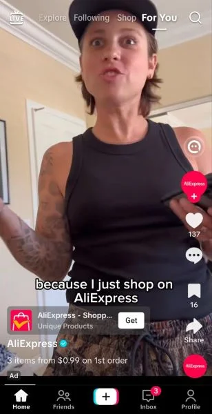 TikTok ads cost - AliExperess ad.