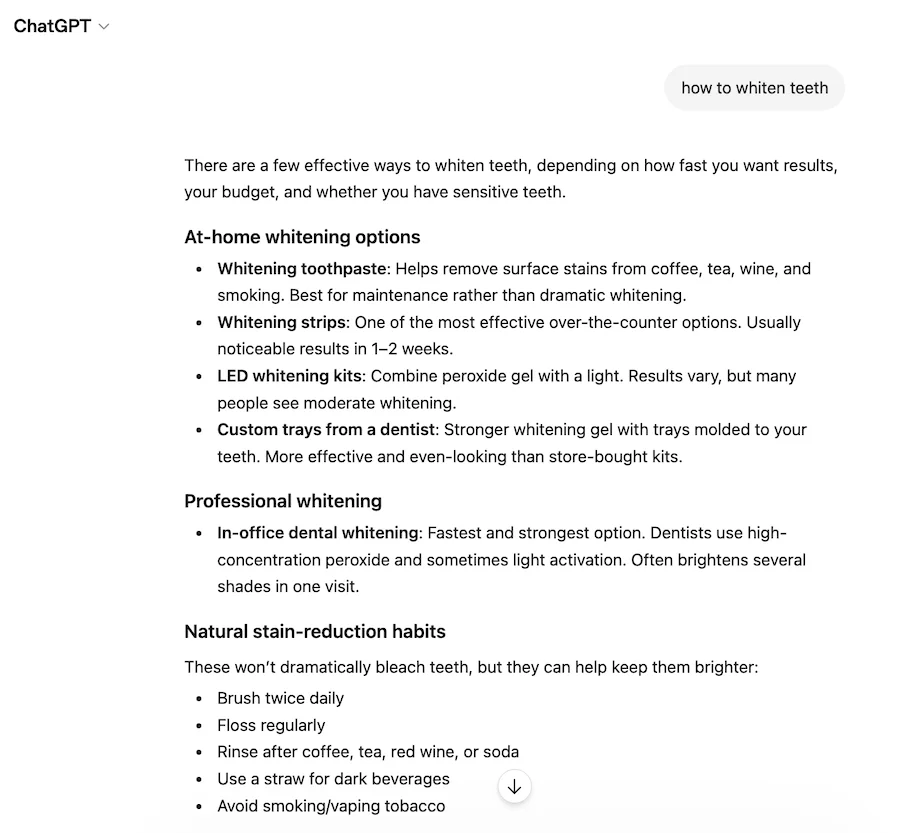 chatgpt search and response for how to whiten teeth