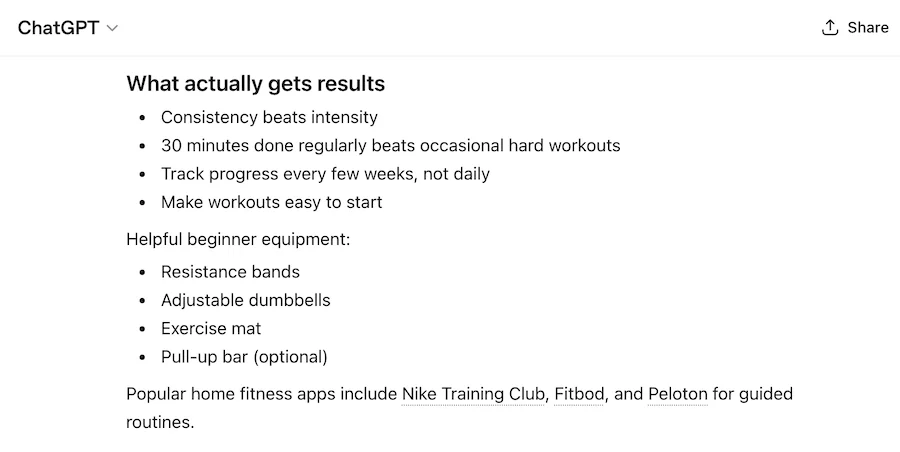 chatgpt results for get fit at home search