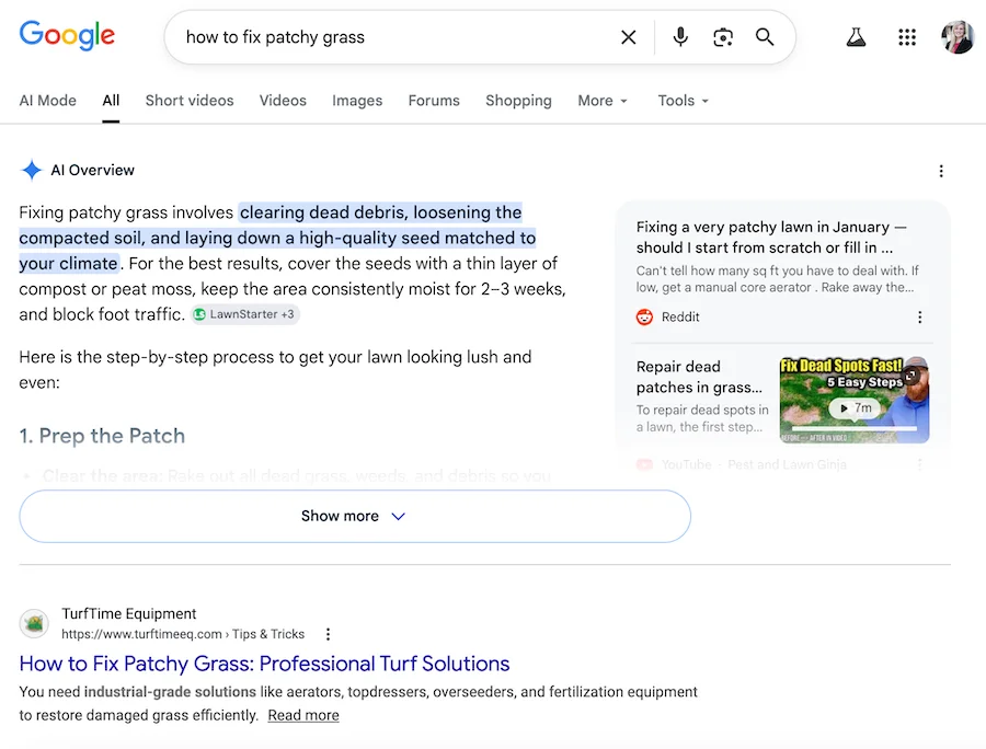 google search results including AI Overview for search to fix patchy grass