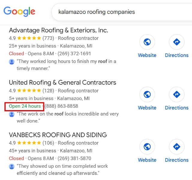 Local SEO tips - Hours example