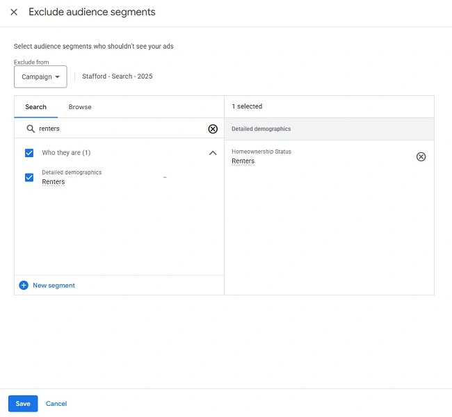 google ads lead quality - detailed demographic exclusion example