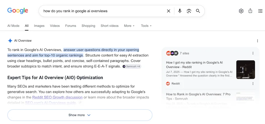 ai overview result for how to rank in ai overviews query