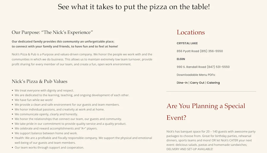 nicks pizza and pub values and experience on website