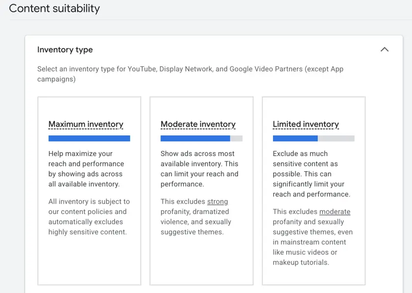 google ads tests - inventory types example 